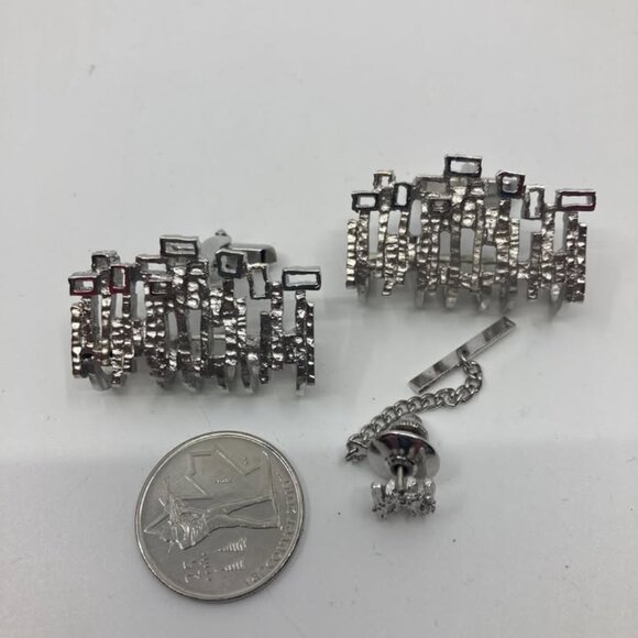 Vtg 1970 new deadstock rhodium tone modernist minimalist mens cuff links - Picture 3 of 3